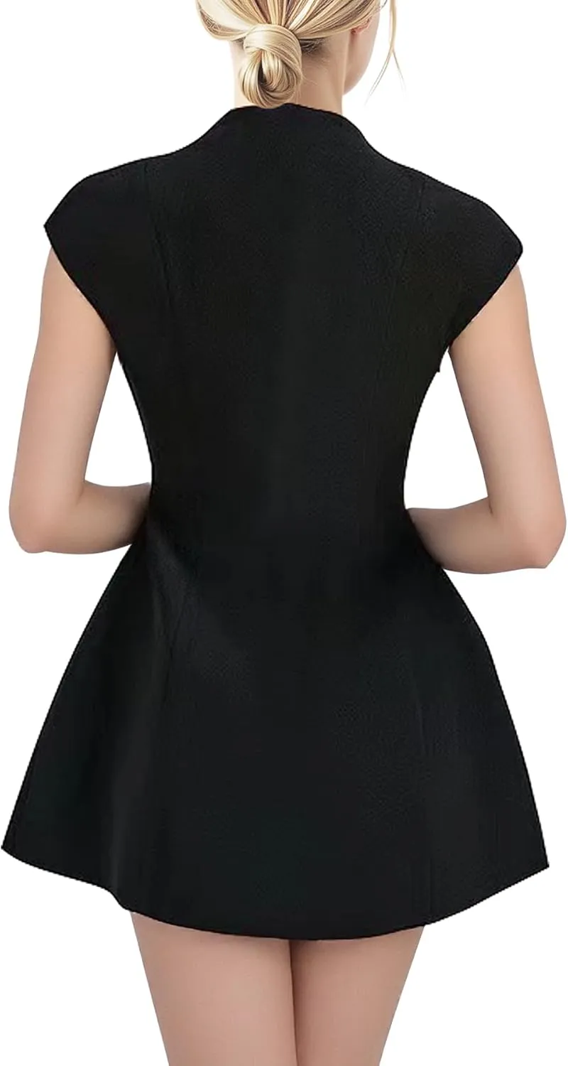 Women's Summer Sexy Mini Dress - Elegant Cap Sleeve Deep V Neck Zipper A-line Night Out/Club Party Dress