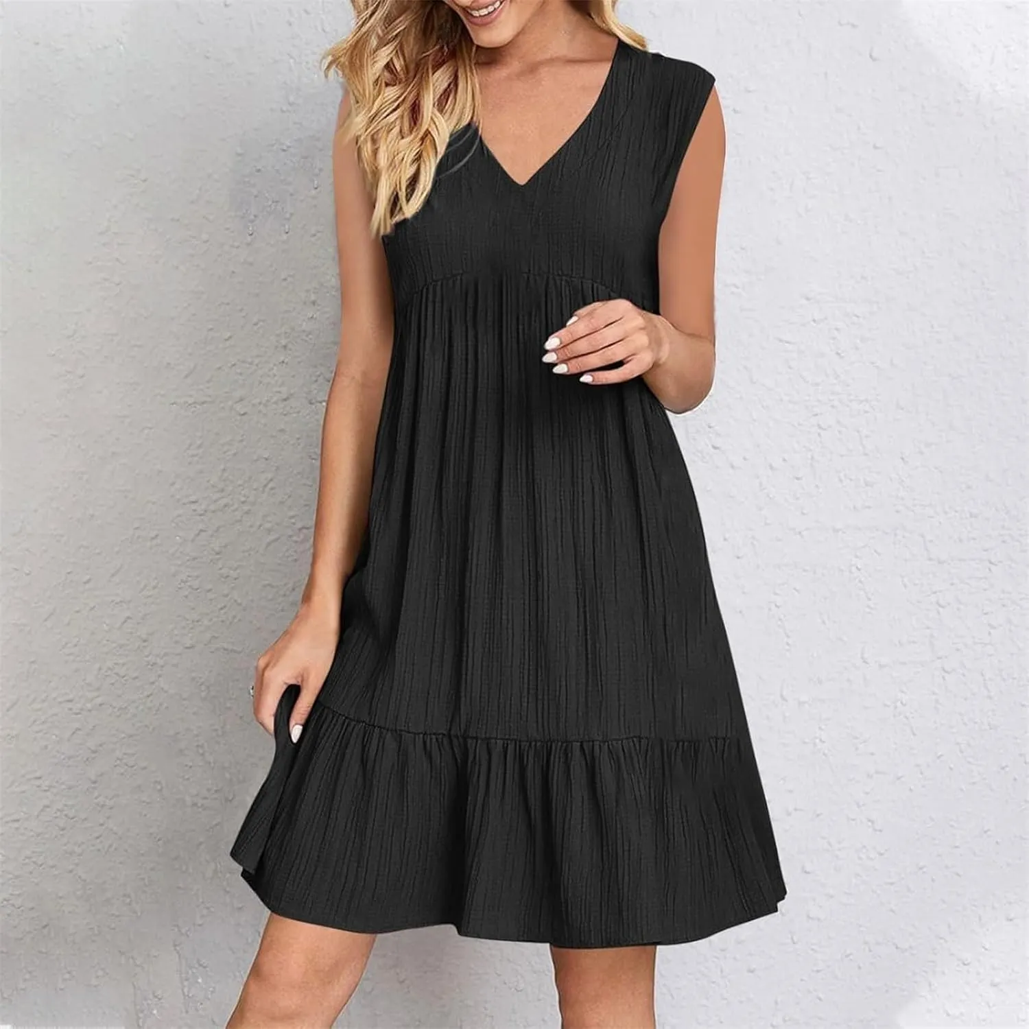 Womens Summer Short Sleeve Dresses V Neck Casual Solid Ruffle Tiered Layered Flowy A-Line Dress 2025 Beach Vacation