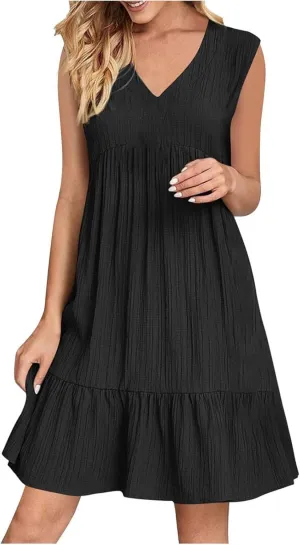 Womens Summer Short Sleeve Dresses V Neck Casual Solid Ruffle Tiered Layered Flowy A-Line Dress 2025 Beach Vacation