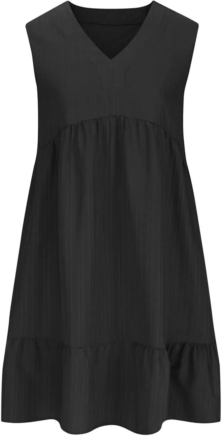 Womens Summer Short Sleeve Dresses V Neck Casual Solid Ruffle Tiered Layered Flowy A-Line Dress 2025 Beach Vacation