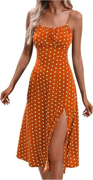 Women's Summer Split Thigh Spaghetti Strap Cami Midi Floral Dress Sleeveless Polka Dot Beach Slim Fit Sundresses
