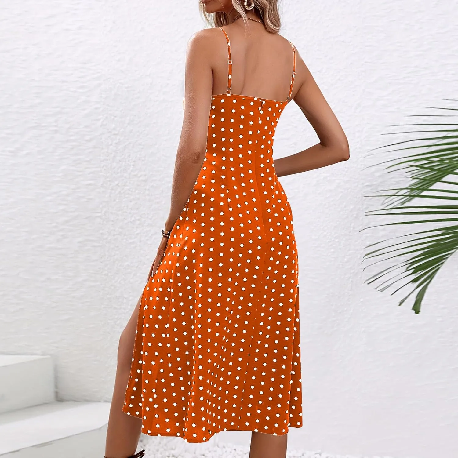 Women's Summer Split Thigh Spaghetti Strap Cami Midi Floral Dress Sleeveless Polka Dot Beach Slim Fit Sundresses