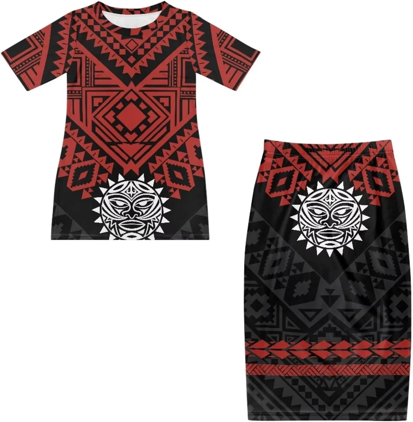 Women's Two Piece Outfit Polynesian Long Maxi Skirts and Top Two Piece Puletasi Samoan Set Dresses