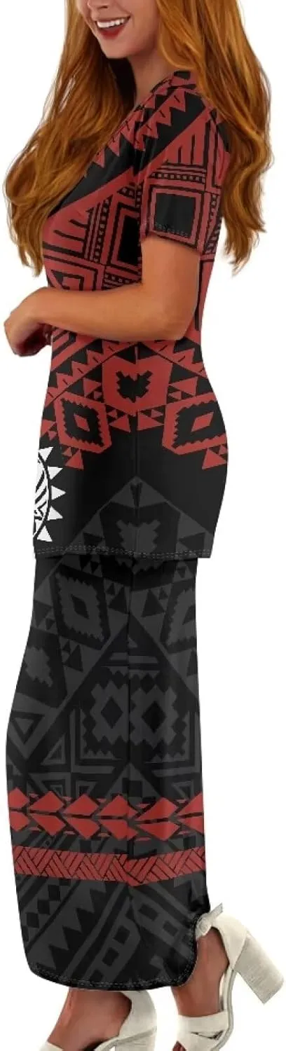 Women's Two Piece Outfit Polynesian Long Maxi Skirts and Top Two Piece Puletasi Samoan Set Dresses
