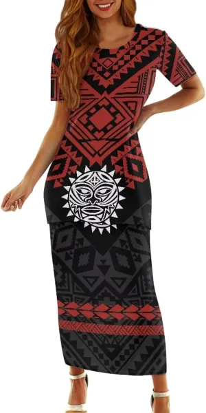 Women's Two Piece Outfit Polynesian Long Maxi Skirts and Top Two Piece Puletasi Samoan Set Dresses