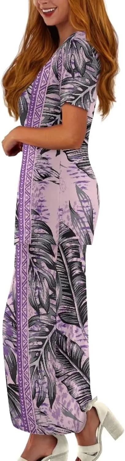 Women's Two Piece Outfit Polynesian Long Maxi Skirts and Top Two Piece Puletasi Samoan Set Dresses