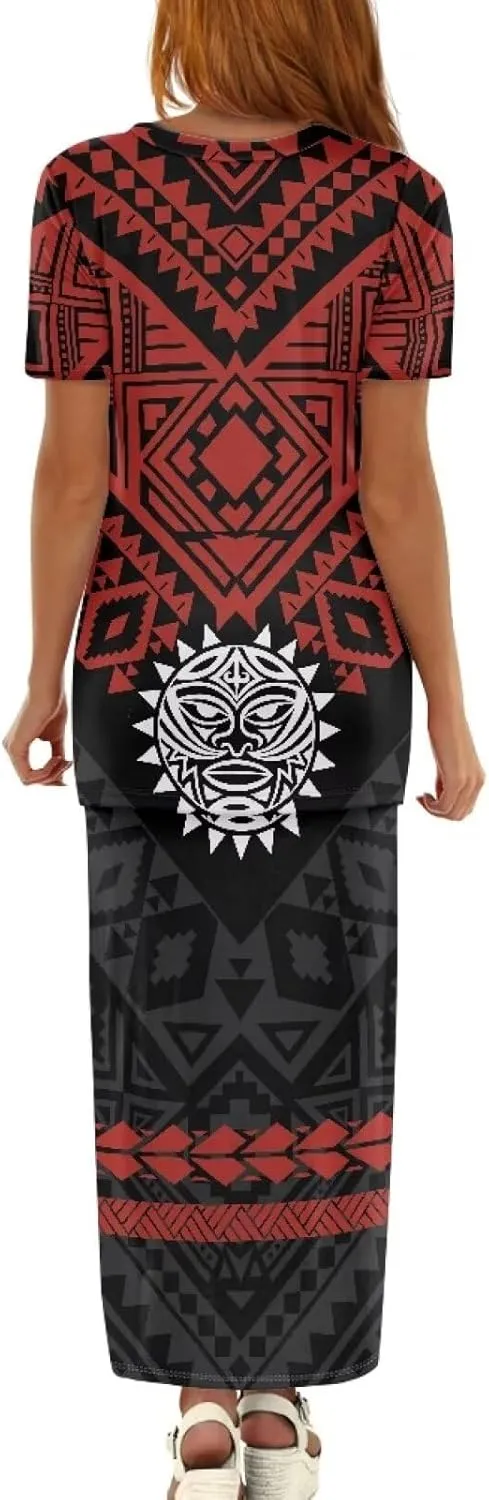 Women's Two Piece Outfit Polynesian Long Maxi Skirts and Top Two Piece Puletasi Samoan Set Dresses