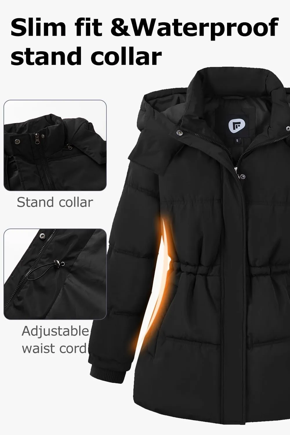 Women's Winter Warm Puffer Coat Cropped Slim Fit Down Jacket with Removable Hood Long Sleeve Lightweight Coats