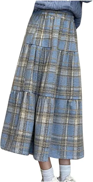 Women's Woolen Blend Swing Maxi Skirt, Fashion Tiered Ruffle Smocked Casual Clothes High Waisted Comfy Trendy Skirts