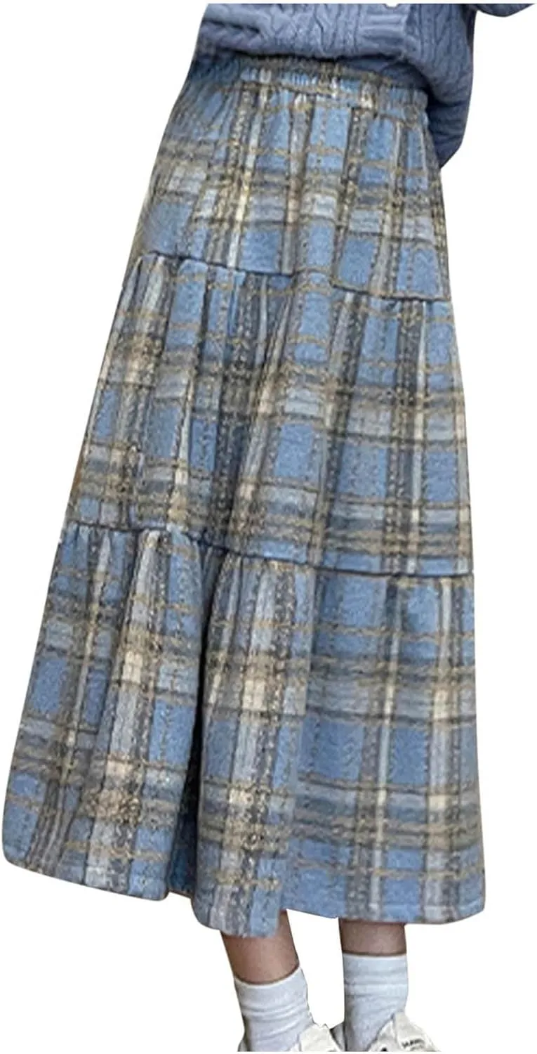 Women's Woolen Blend Swing Maxi Skirt, Fashion Tiered Ruffle Smocked Casual Clothes High Waisted Comfy Trendy Skirts