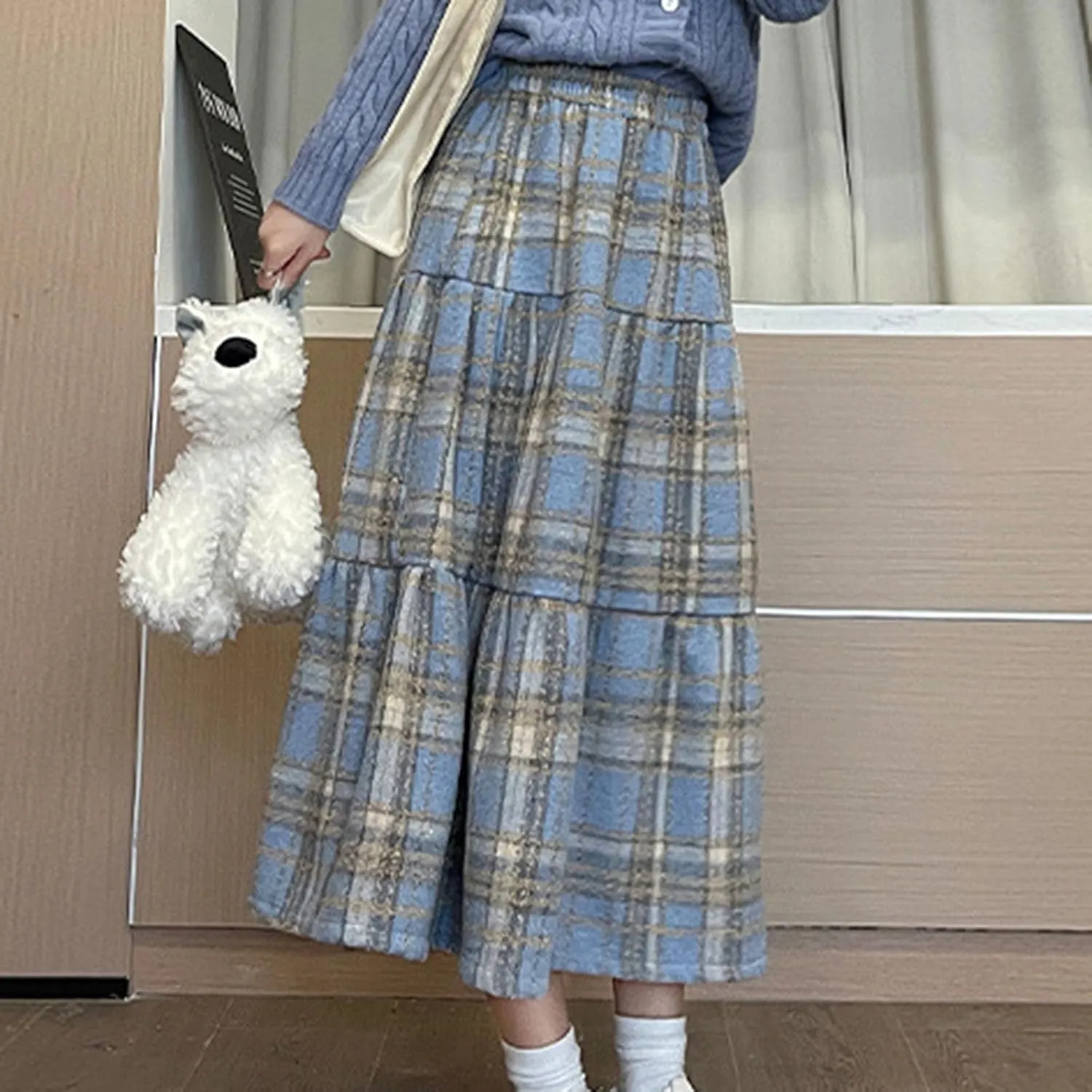 Women's Woolen Blend Swing Maxi Skirt, Fashion Tiered Ruffle Smocked Casual Clothes High Waisted Comfy Trendy Skirts