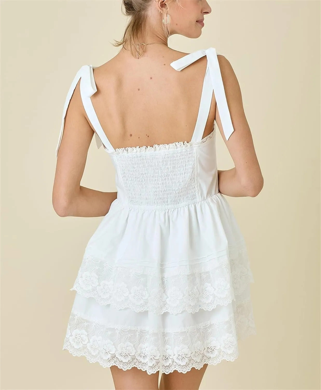 Womens Y2k Bow Tie Shoulder Mini Dress Lace Patchwork Backless Ruffle Slip Dresses Flowy Swing Pleated Sundress