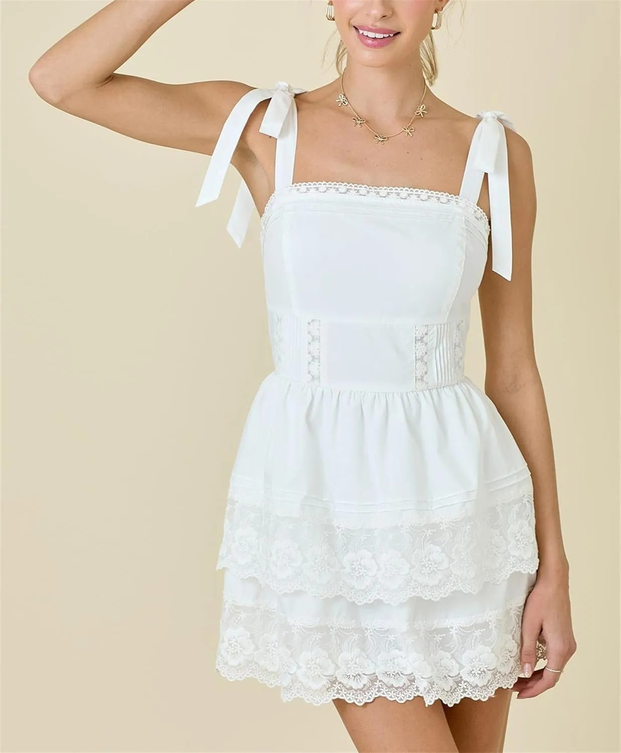 Womens Y2k Bow Tie Shoulder Mini Dress Lace Patchwork Backless Ruffle Slip Dresses Flowy Swing Pleated Sundress