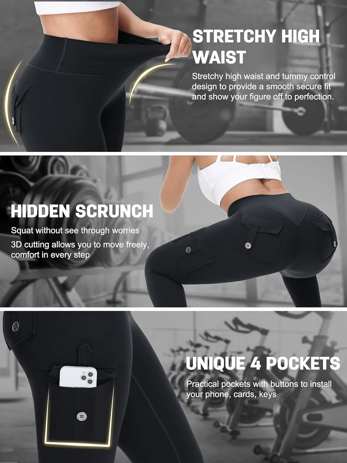 Workout Cargo Leggings with Pockets for Women 25/27/29 Hidden Scrunch Seamless Butt Lifting Gym Yoga Pants