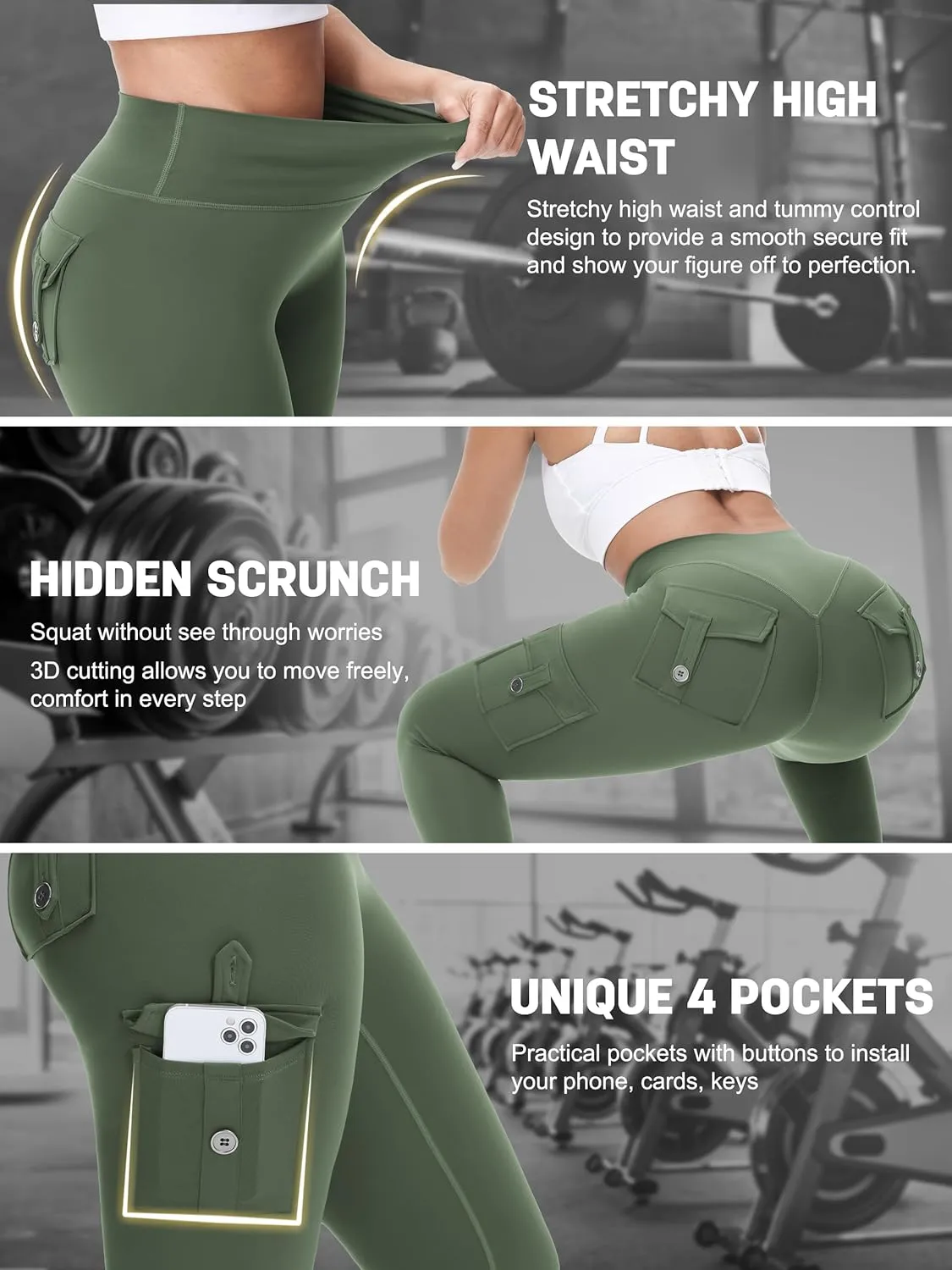 Workout Cargo Leggings with Pockets for Women 25/27/29 Hidden Scrunch Seamless Butt Lifting Gym Yoga Pants