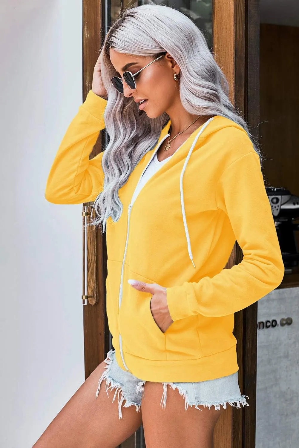 WROLEM Women Casual Full Zip Up Hoodie Comfy Loose Long Sleeve Sweatshirt Solid Color Jacket with Pockets