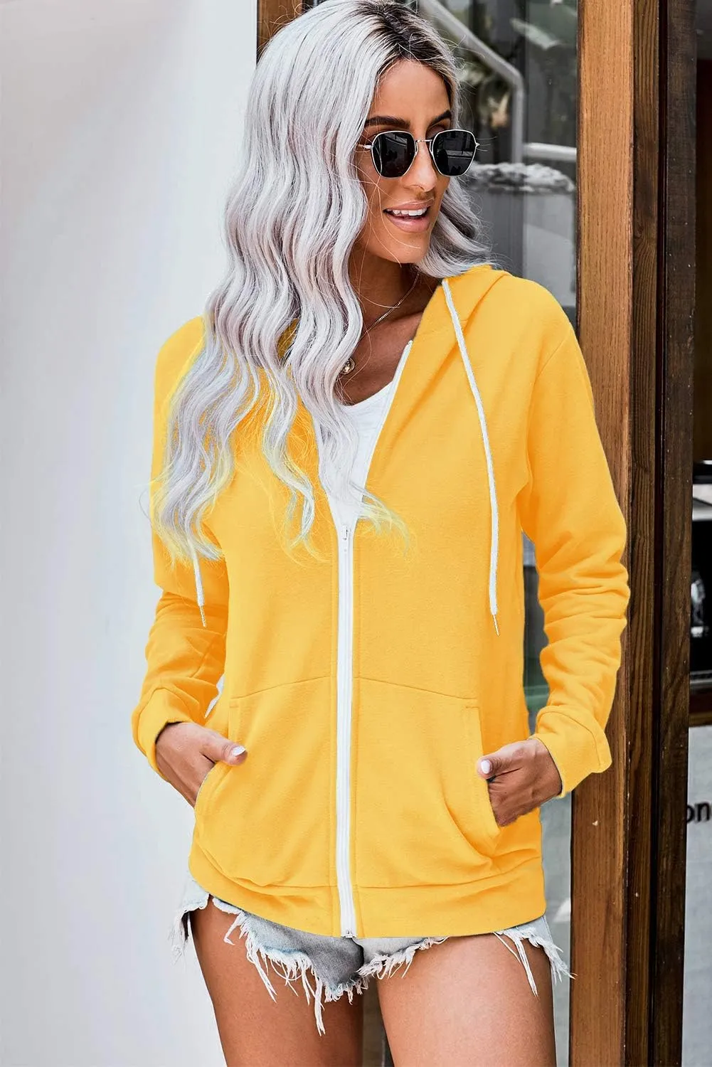 WROLEM Women Casual Full Zip Up Hoodie Comfy Loose Long Sleeve Sweatshirt Solid Color Jacket with Pockets