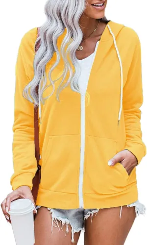 WROLEM Women Casual Full Zip Up Hoodie Comfy Loose Long Sleeve Sweatshirt Solid Color Jacket with Pockets