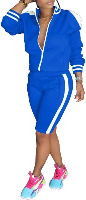 xxxiticat Women's Side Striped Sports Tracksuit Two Piece Zipper Jacket Short Pants Matching Sets 2PCS Trendy Sportswear