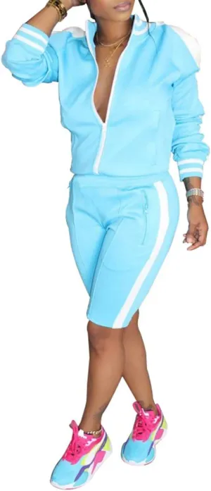 xxxiticat Women's Side Striped Sports Tracksuit Two Piece Zipper Jacket Short Pants Matching Sets 2PCS Trendy Sportswear