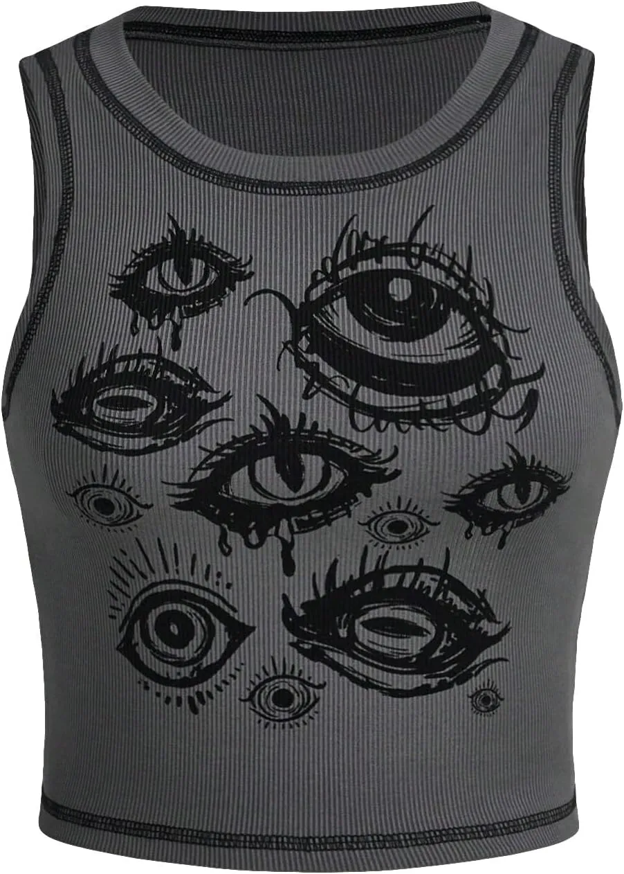 Y2k Gothic Eye Print Cropped Tank Top for Womens Summer Crewneck Sleeveless Slim Fit Crop Tops Shirts Vest