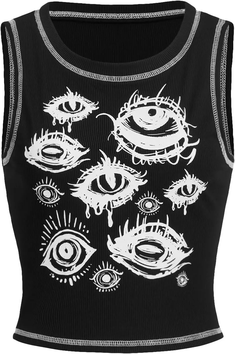 Y2k Gothic Eye Print Cropped Tank Top for Womens Summer Crewneck Sleeveless Slim Fit Crop Tops Shirts Vest