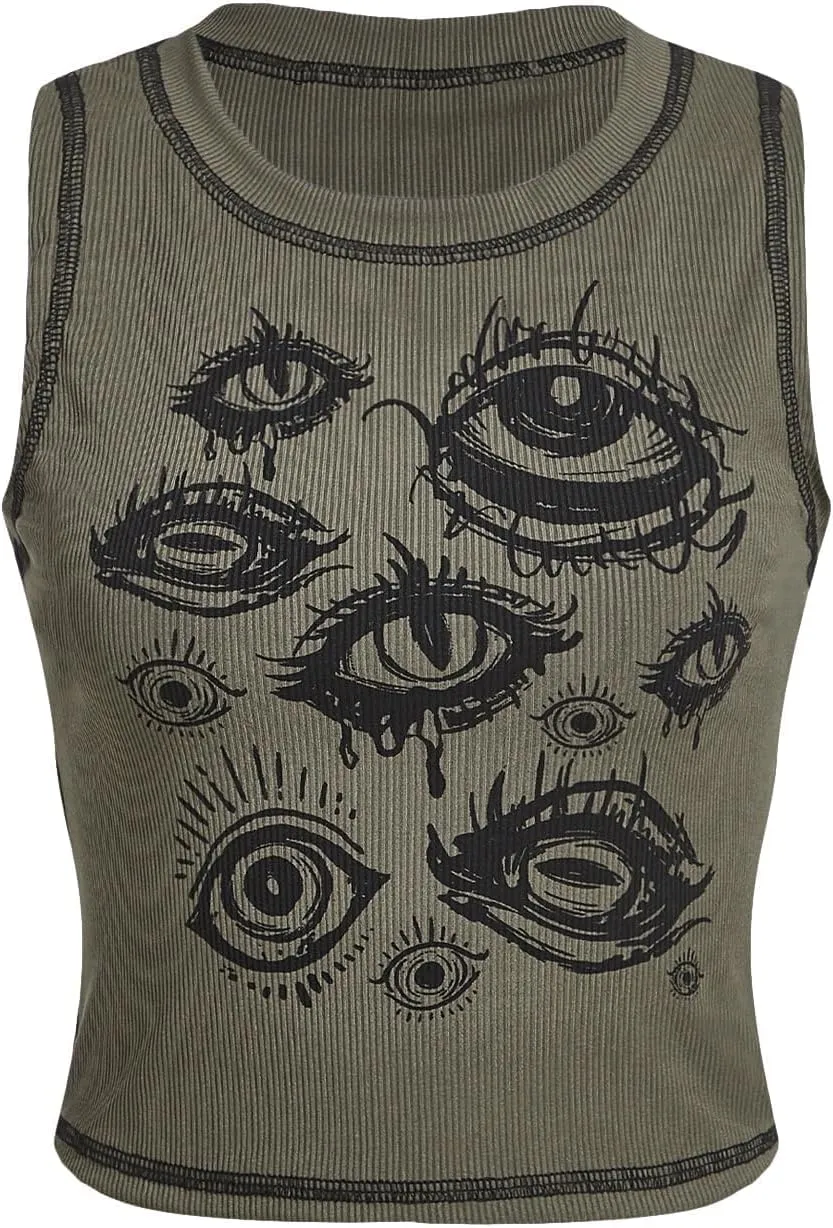 Y2k Gothic Eye Print Cropped Tank Top for Womens Summer Crewneck Sleeveless Slim Fit Crop Tops Shirts Vest