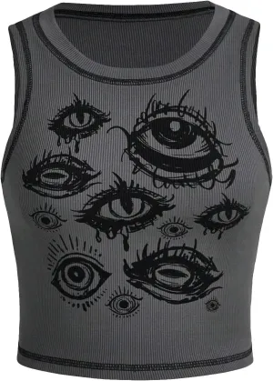 Y2k Gothic Eye Print Cropped Tank Top for Womens Summer Crewneck Sleeveless Slim Fit Crop Tops Shirts Vest