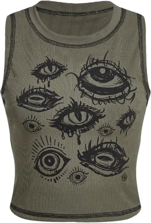 Y2k Gothic Eye Print Cropped Tank Top for Womens Summer Crewneck Sleeveless Slim Fit Crop Tops Shirts Vest