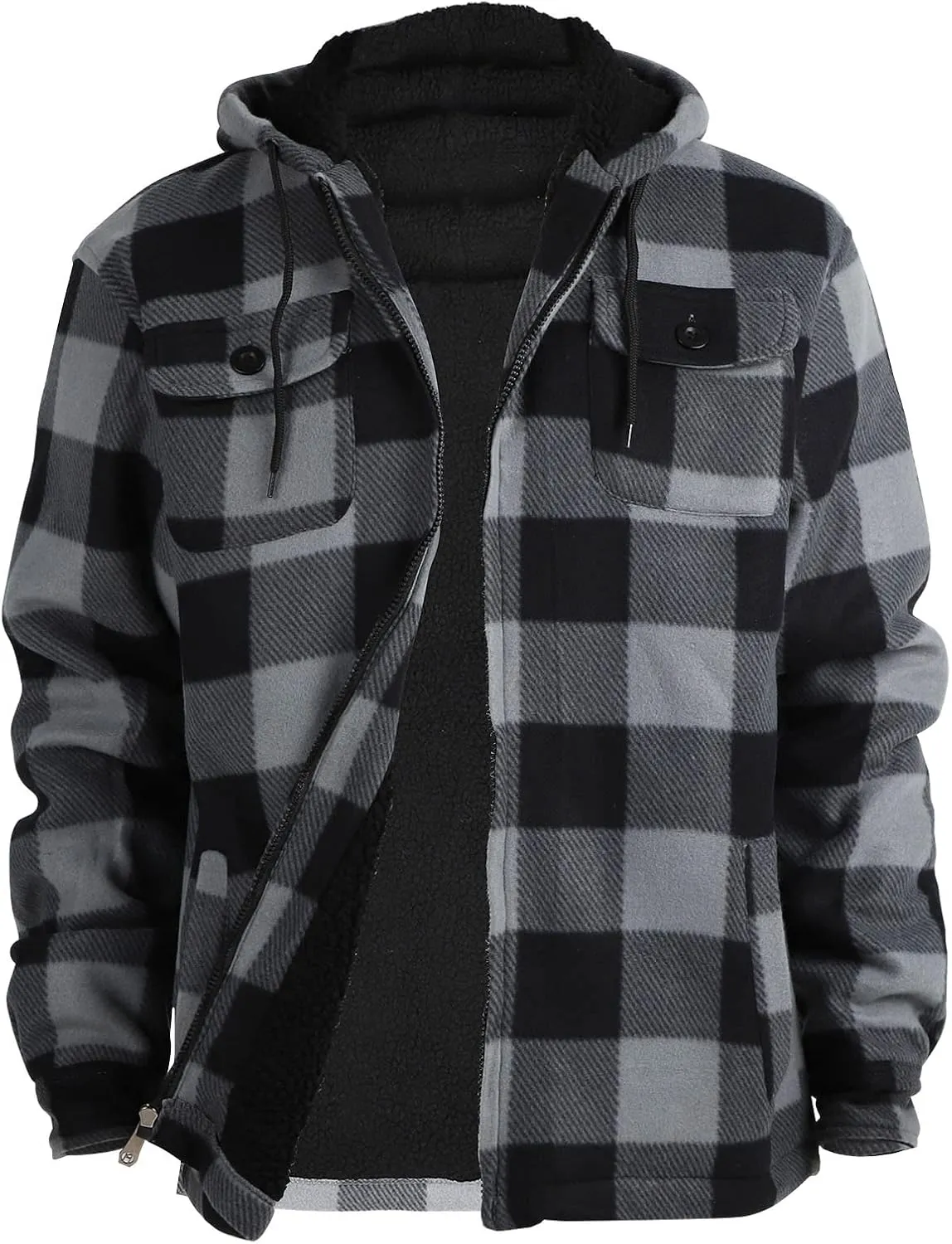 Yasumond Mens Heavy Sherpa Lined Fleece Plaid Flannel Jacket Zip Up Hoodies Warm Winter Coats Big Tall