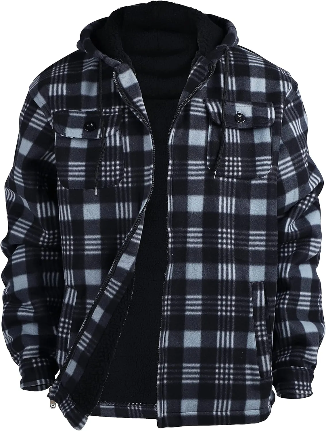 Yasumond Mens Heavy Sherpa Lined Fleece Plaid Flannel Jacket Zip Up Hoodies Warm Winter Coats Big Tall
