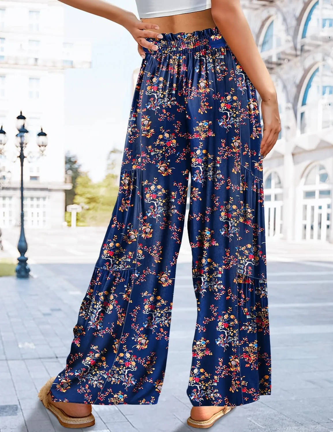 YESNO Wide Leg Pants for Women Elastic High Waisted Floral Boho Flowy Palazzo Pants Casual Tie Knot Long Trousers PP1