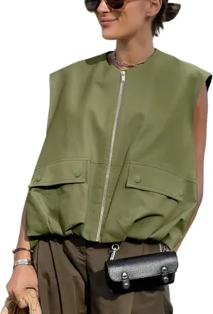 Yimoon Womens Oversized Zip Up Cargo Vest Casual Ruched Hem Sleeveless Blazer Jackets Vest Top with Pockets