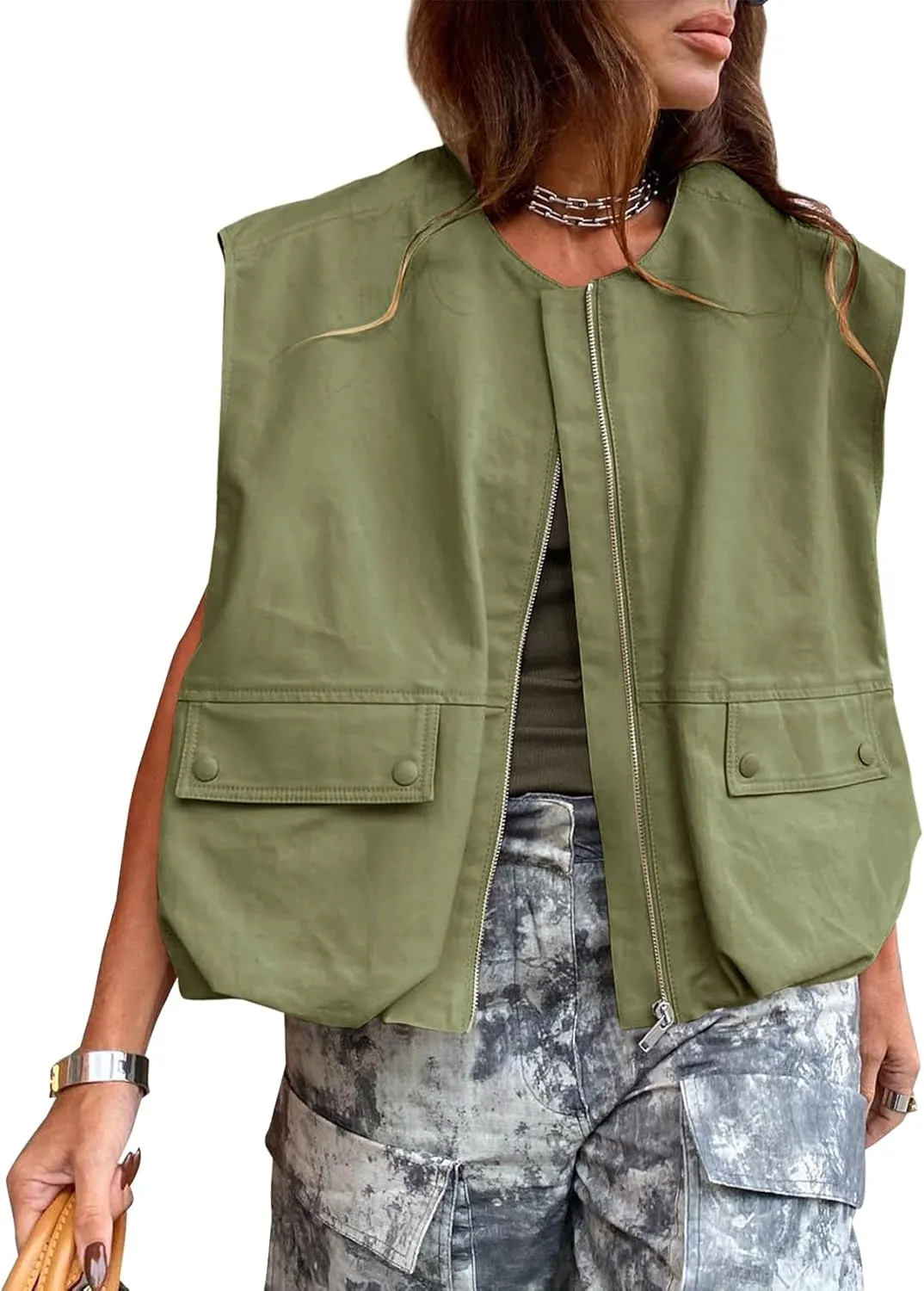Yimoon Womens Oversized Zip Up Cargo Vest Casual Ruched Hem Sleeveless Blazer Jackets Vest Top with Pockets