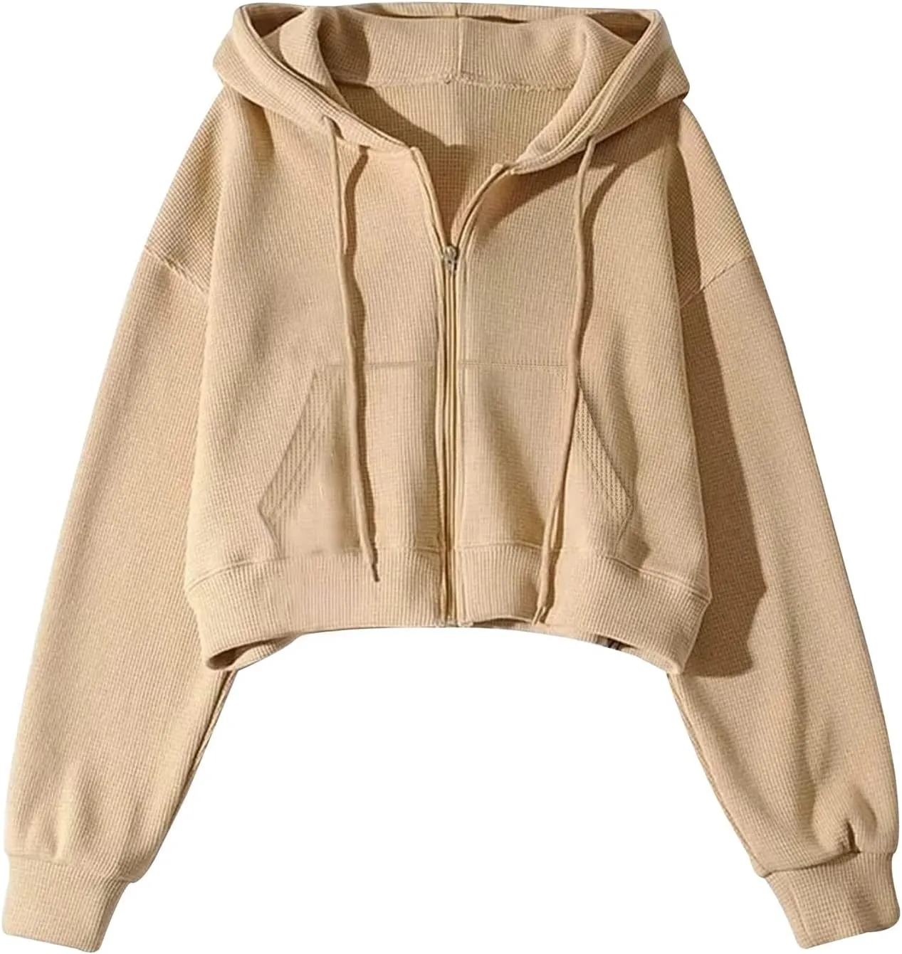 Yimoon Zip Up Hoodie Women Cropped Waffle Knit Vintage Sweatshirt Casual Jackets Long Sleeve Hooded with Pockets