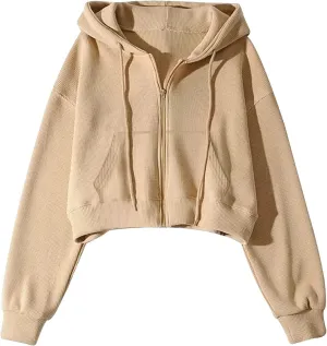 Yimoon Zip Up Hoodie Women Cropped Waffle Knit Vintage Sweatshirt Casual Jackets Long Sleeve Hooded with Pockets