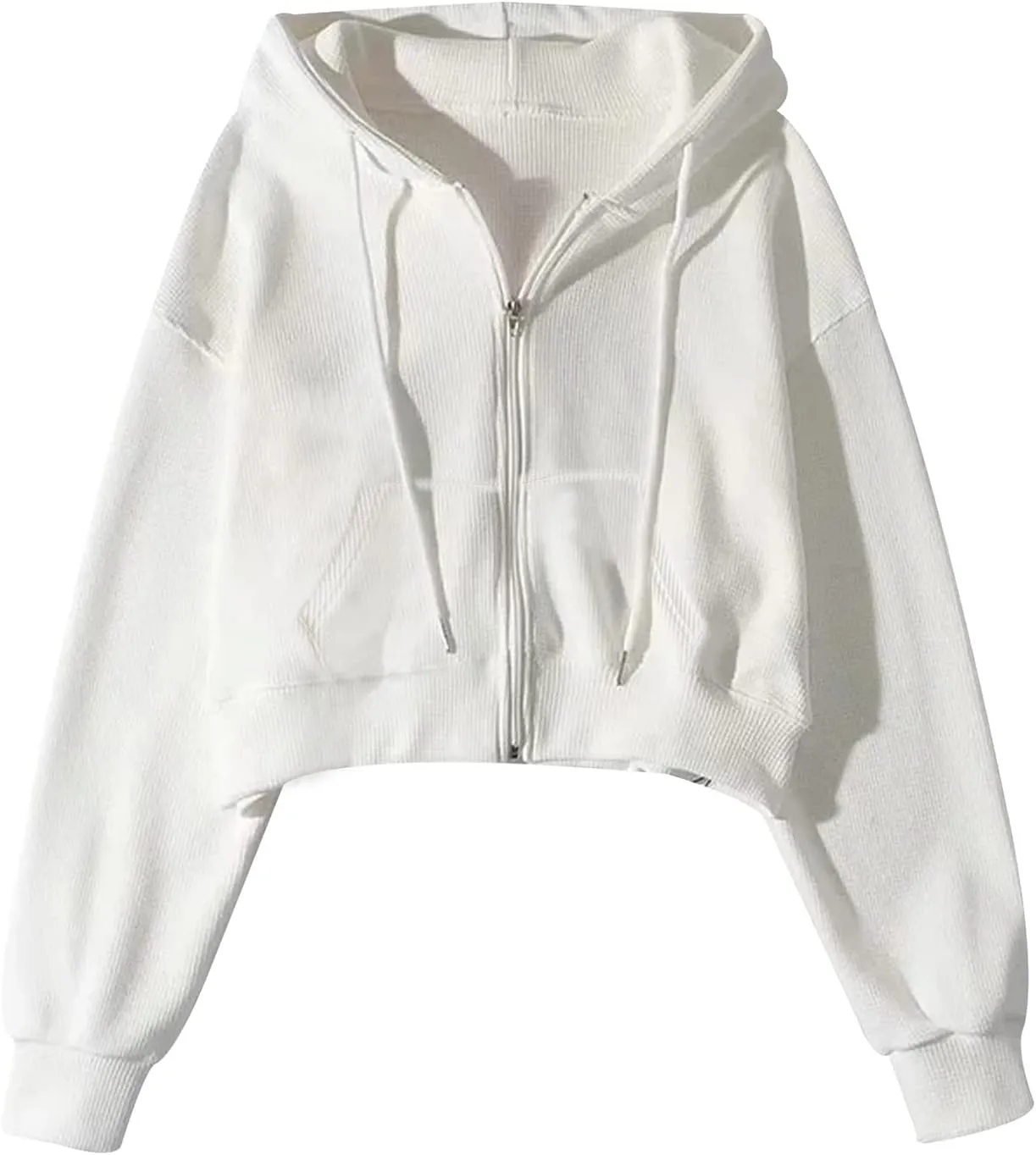Yimoon Zip Up Hoodie Women Cropped Waffle Knit Vintage Sweatshirt Casual Jackets Long Sleeve Hooded with Pockets