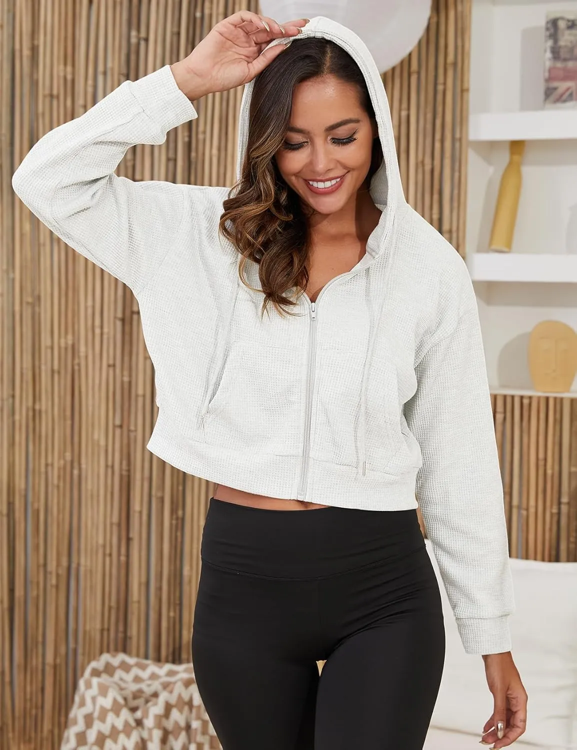 Yimoon Zip Up Hoodie Women Cropped Waffle Knit Vintage Sweatshirt Casual Jackets Long Sleeve Hooded with Pockets