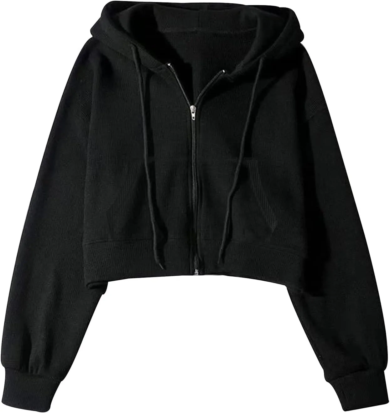 Yimoon Zip Up Hoodie Women Cropped Waffle Knit Vintage Sweatshirt Casual Jackets Long Sleeve Hooded with Pockets