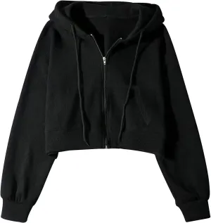 Yimoon Zip Up Hoodie Women Cropped Waffle Knit Vintage Sweatshirt Casual Jackets Long Sleeve Hooded with Pockets
