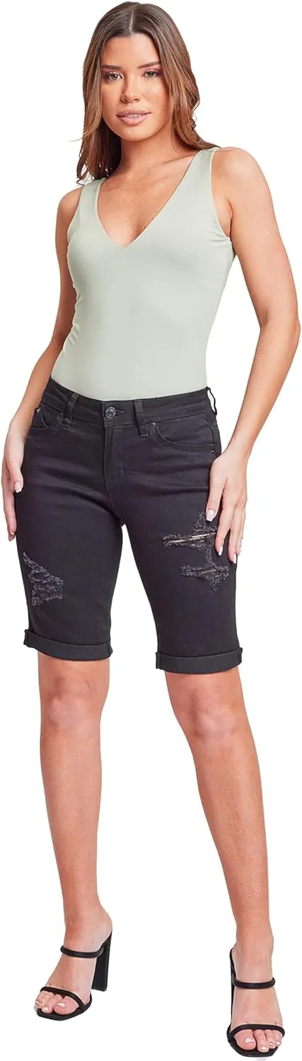 YMI Women's Junior Wannabettabutt Cuffed Rise Bermuda Mid Length Denim Shorts