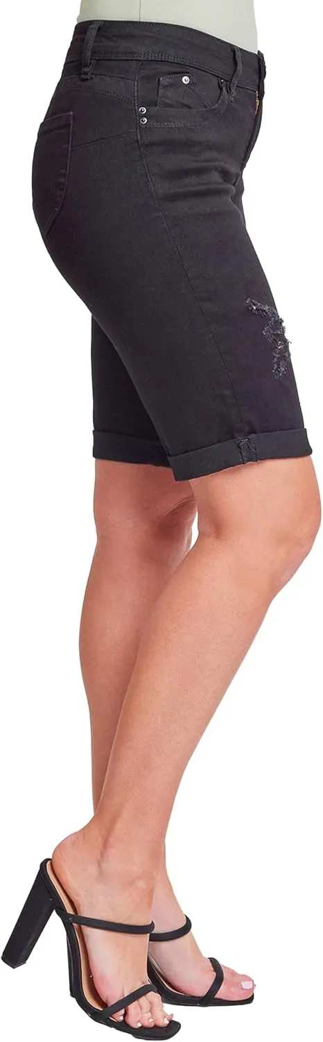 YMI Women's Junior Wannabettabutt Cuffed Rise Bermuda Mid Length Denim Shorts