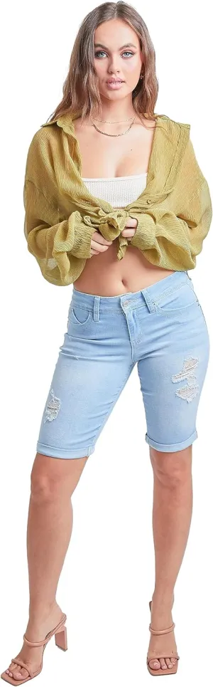 YMI Women's Junior Wannabettabutt Cuffed Rise Bermuda Mid Length Denim Shorts