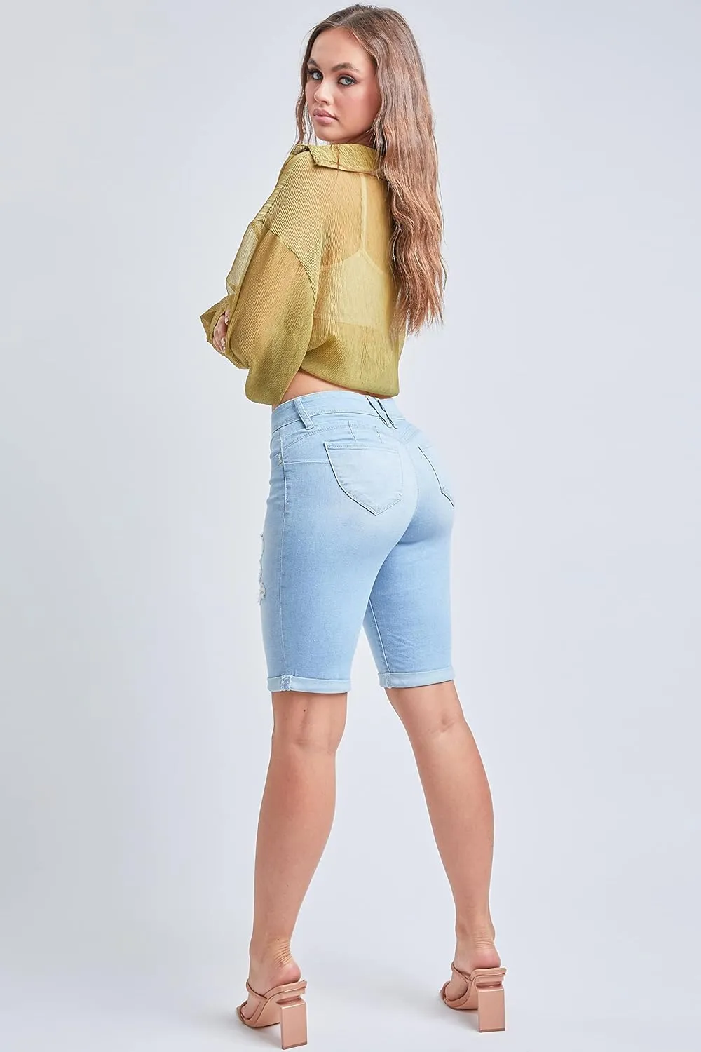 YMI Women's Junior Wannabettabutt Cuffed Rise Bermuda Mid Length Denim Shorts