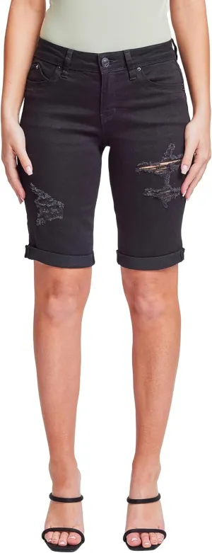 YMI Women's Junior Wannabettabutt Cuffed Rise Bermuda Mid Length Denim Shorts