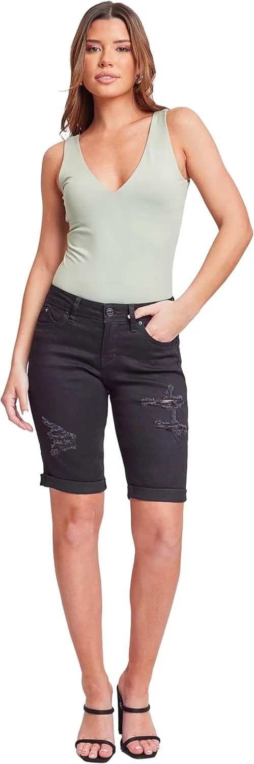 YMI Women's Junior Wannabettabutt Cuffed Rise Bermuda Mid Length Denim Shorts