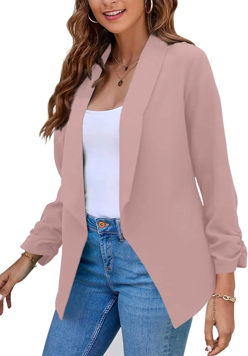 YMING Womens Open Front Work Blazer Business Long Sleeve Jackets Solid Color Office Short Cardigans