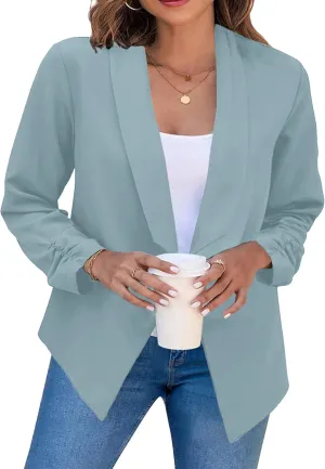 YMING Womens Open Front Work Blazer Business Long Sleeve Jackets Solid Color Office Short Cardigans