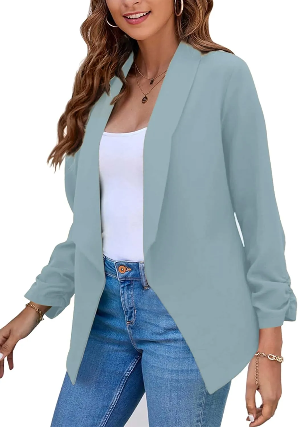 YMING Womens Open Front Work Blazer Business Long Sleeve Jackets Solid Color Office Short Cardigans