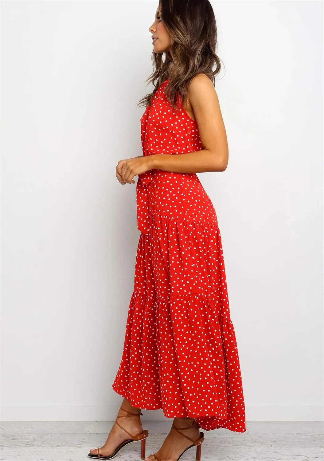 YMING Women's Summer Halter Neck Maxi Sun Dress Sleeveless Flowy Ruffle Hem Dress Long Dresses with Belt